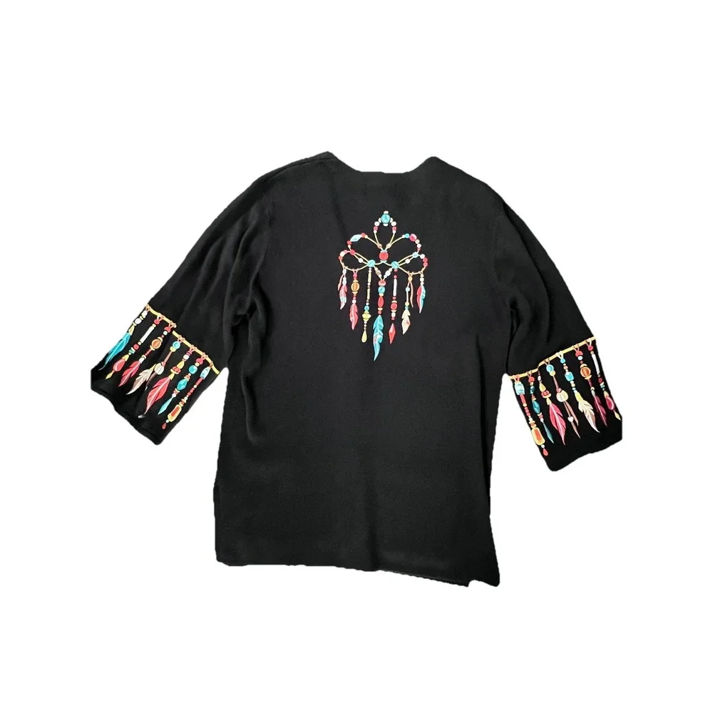 Bob Mackie Cardigan Sweater L Art Embroidered Feathers Artsy Aztec Southwest VTG - Picture 3 of 15